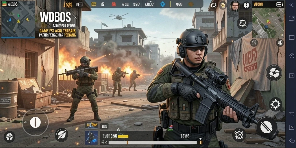 Screenshot utama WDBOS menampilkan pertempuran seru dalam game FPS.